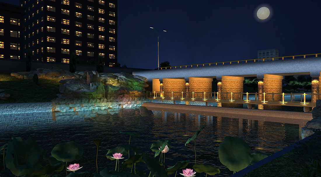 效果图展示 山东省枣庄市市中区西沙河沿河景观生态长廊夜景灯光工程设计